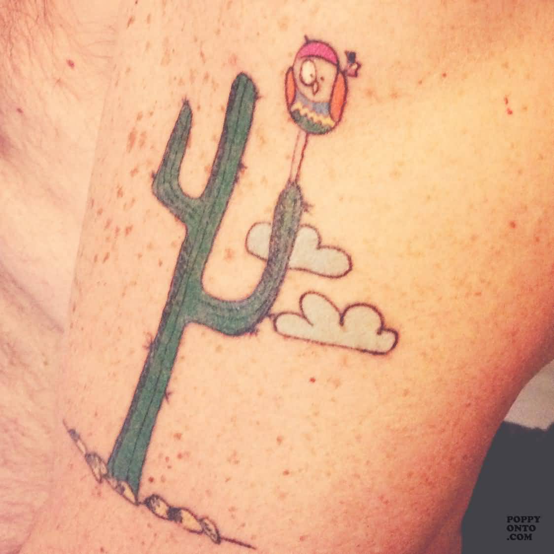 Funny Bird On Cactus Tattoo