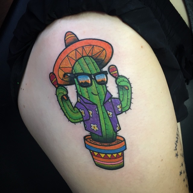 Funny Cactus Wearing Hat And Goggles In Pot Tattoo On Half Sleeve