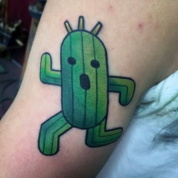 Funny Cactus With Eyes And Mouth Running Tattoo