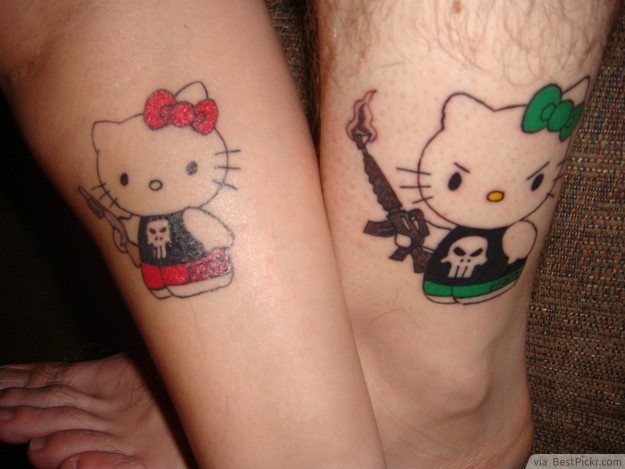 Funny Hello Kitties Matching Tattoos On Back Leg