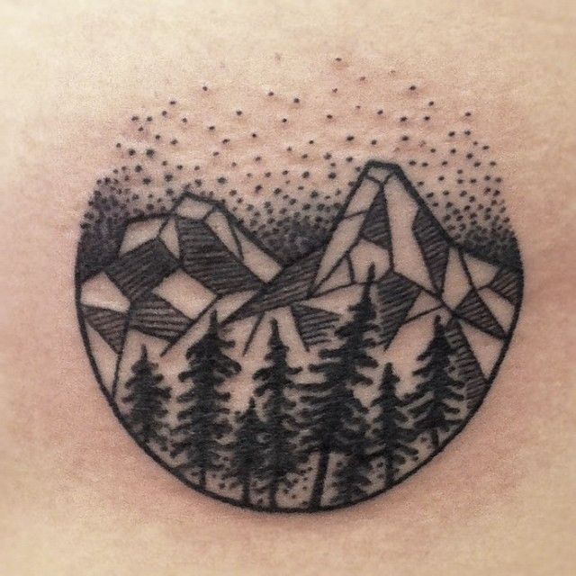 Geometric Dotwork Mountains And Pine Trees Tattoo