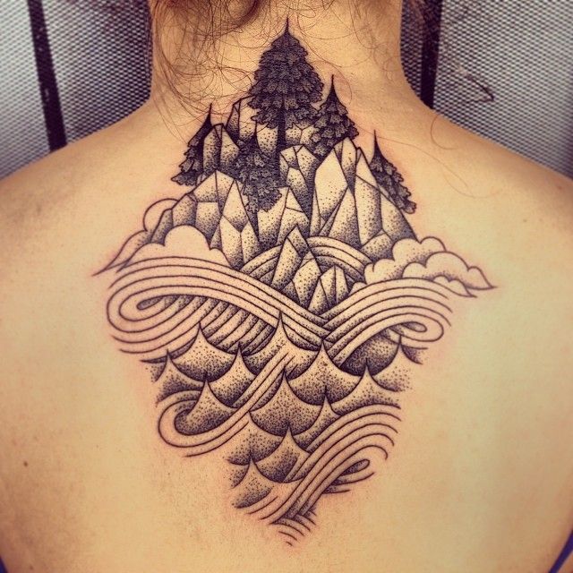 Geometric Mountains With Trees Tattoo On Upper Back