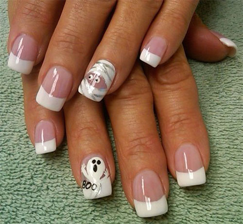 Ghost And Mummy Halloween Nail Art Design With French Tip Design