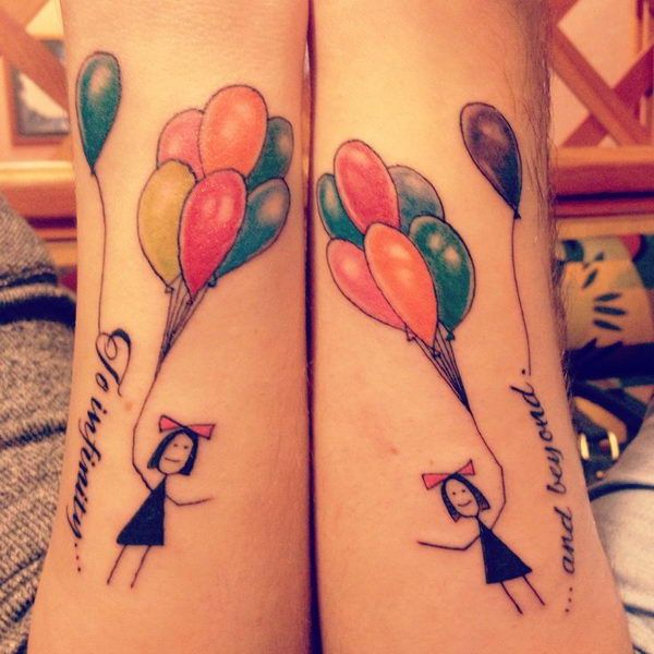 Girl With Balloons Matching Friendship Tattoos On Forearms