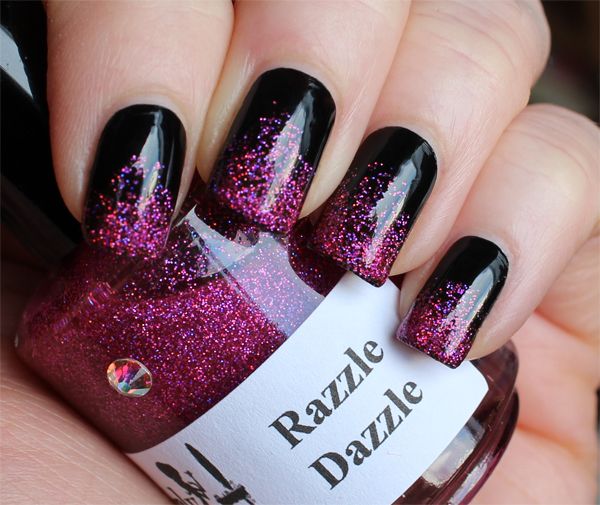 Glossy Black And Pink Glitter Gel Nail Art Idea