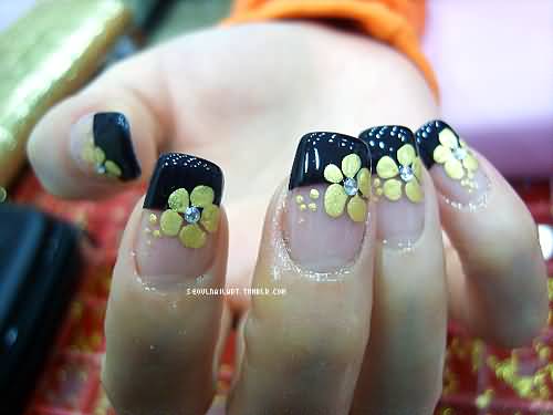 Glossy Black French Tip Nail Art With Yellow Flowers Design Idea