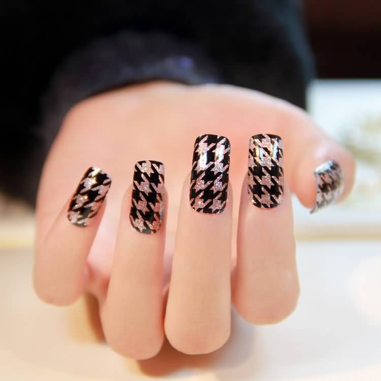 Gold And Black Houndstooth Nail Art
