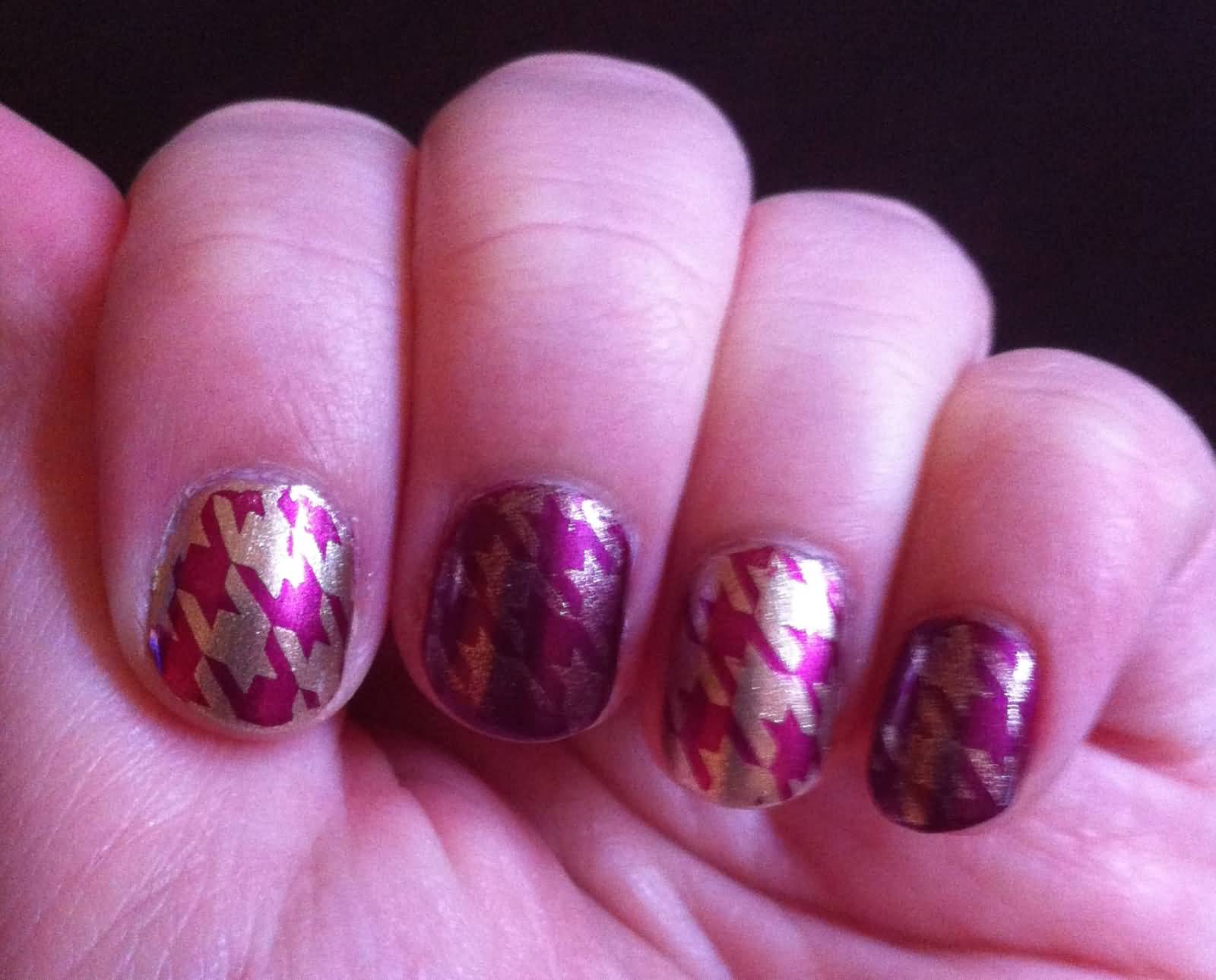 Gold And Purple Houndstooth Nail Design