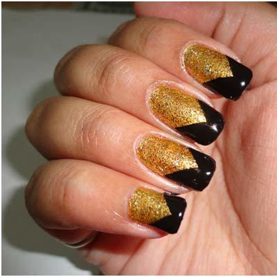 Gold Glitter Nails With Black Chevron Nail Art Design