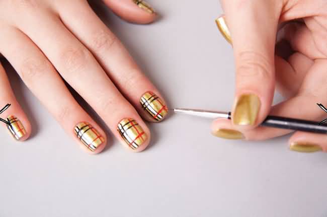 Golden Burberry Nail Art Design Idea For Girls