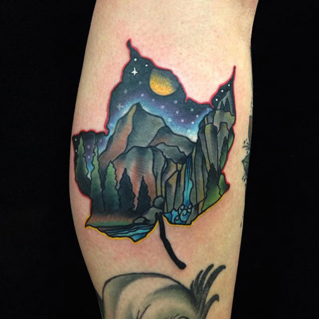 Gorgeous Mountains And Sky Trees In Maple Leaf Tattoo