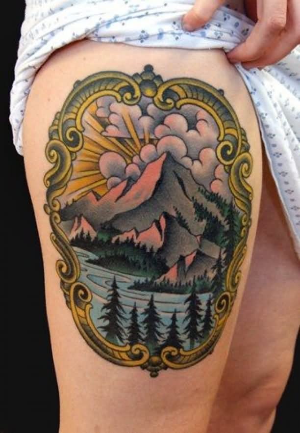 Gorgeous Mountains View With Trees In Design Tattoo On Thigh