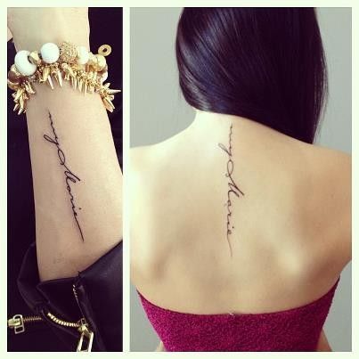 Gorgeous Name Matching Tattoos On Upper Back And Arm Sleeve