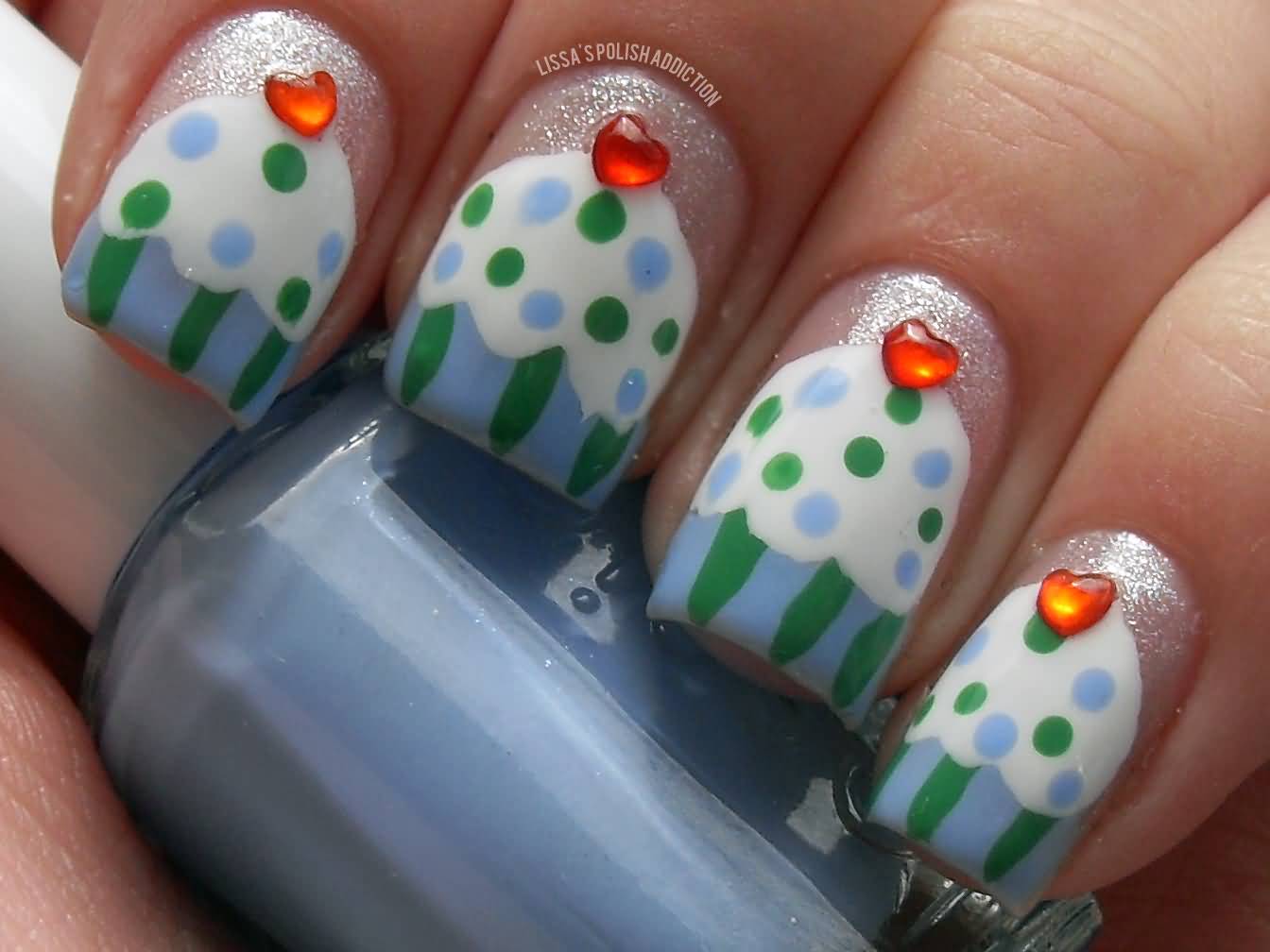 Green And Blue Cupcake Nail Art With Heart Rhinestones Design