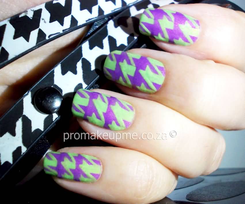 Green Base Nails With Purple Houndstooth Nail Art