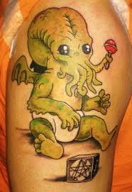 Green Ink Cthulhu Tattoo On Half Sleeve
