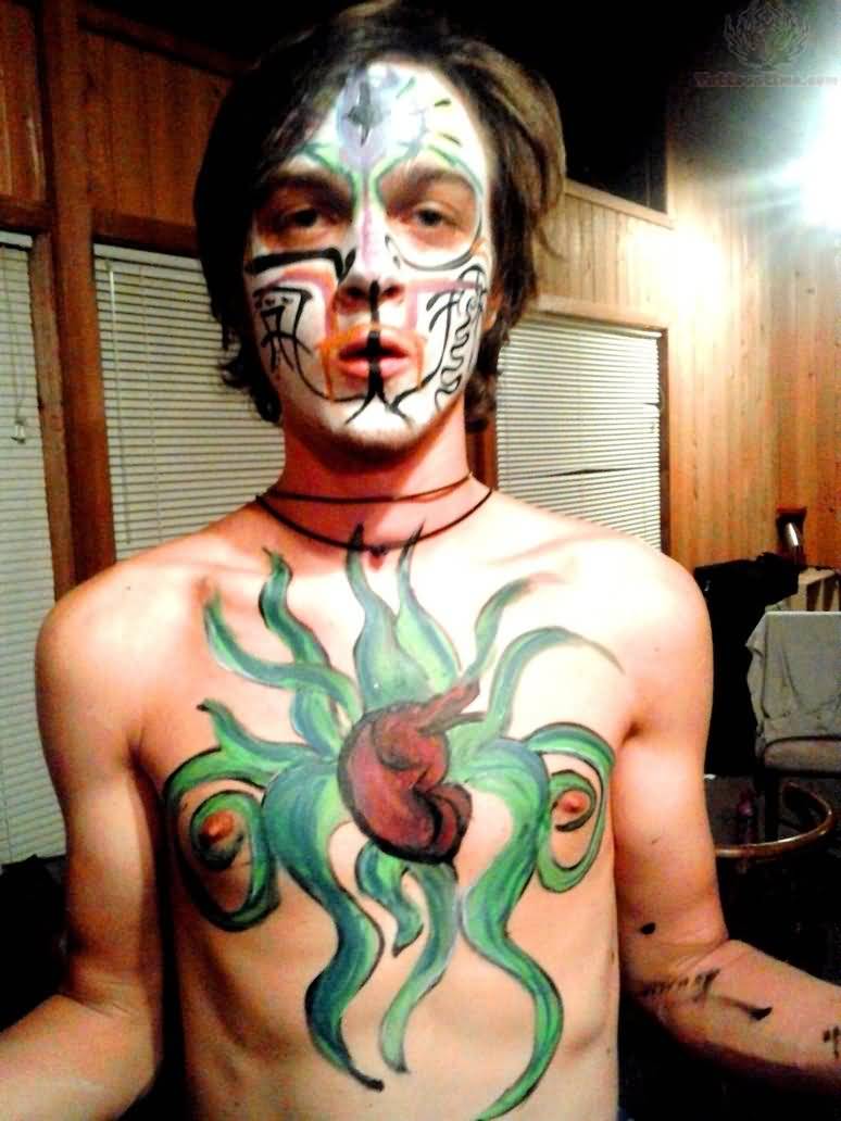 Green Ink Cthulhu Tattoo On Man Chest