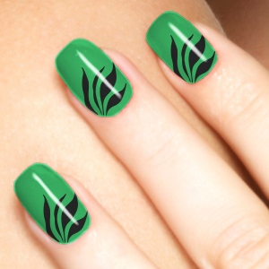 Green Nails With Black Flowers Nail Design
