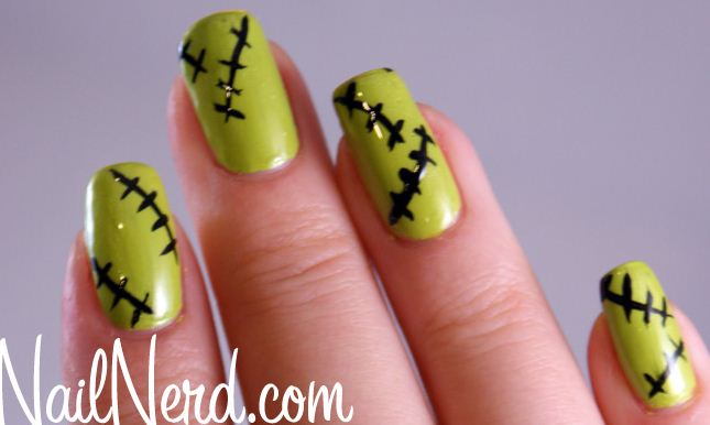 Green Nails With Stitches Design Halloween Nail Art