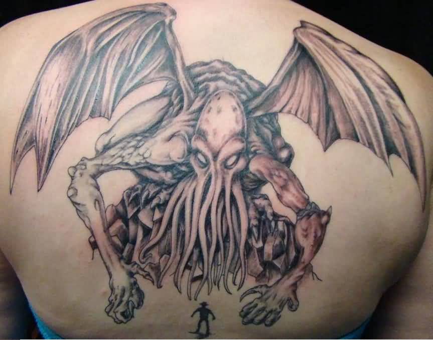 Grey And Black Cthulhu Tattoo On Upper Back