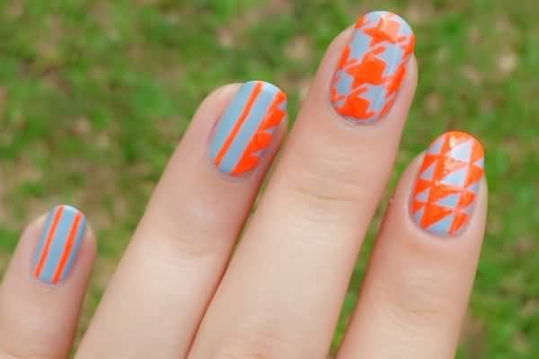 Grey And Orange Houndstooth Nail Art Design Idea