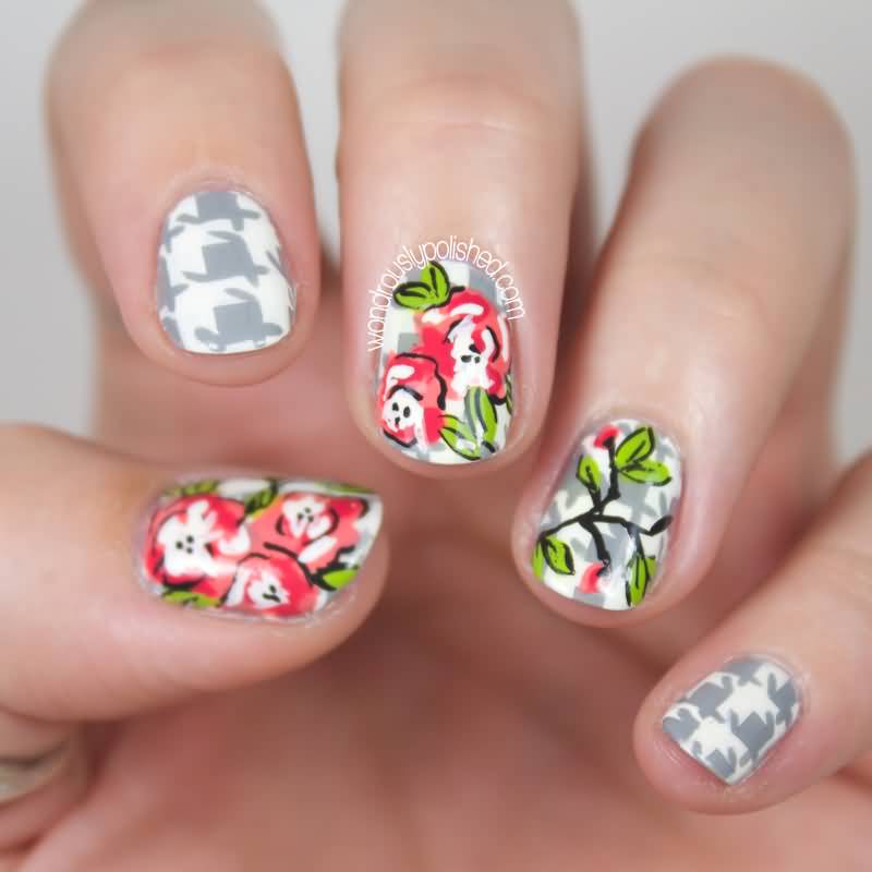 Grey And White Houndstooth Nail Art With Pink Flowers Design