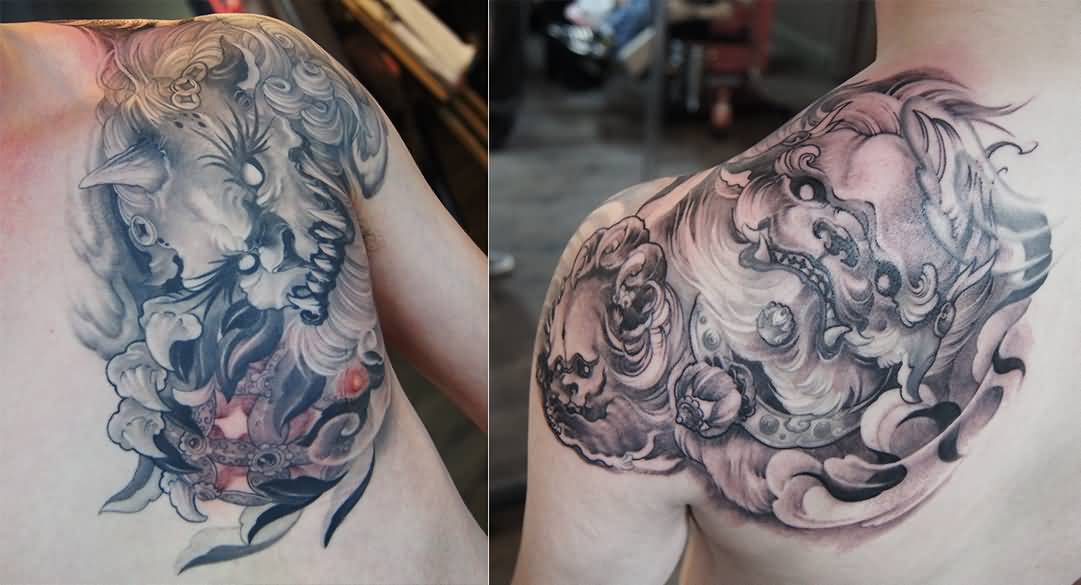 Grey Color Angry Foo Dogs Tattoos On Chest To Shoulder