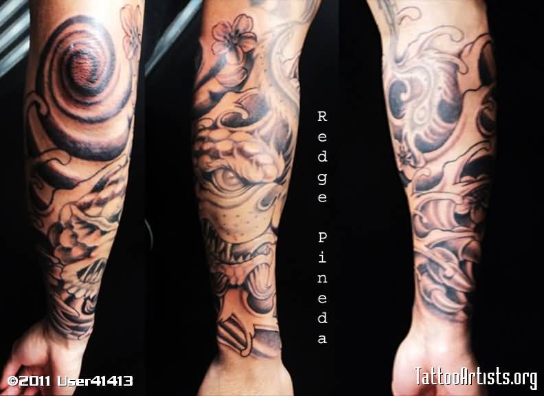 Grey Color Foo Dog Head Tattoo On Arm Sleeve