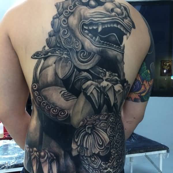 Grey Color Foo Dog Tattoo On Full Back