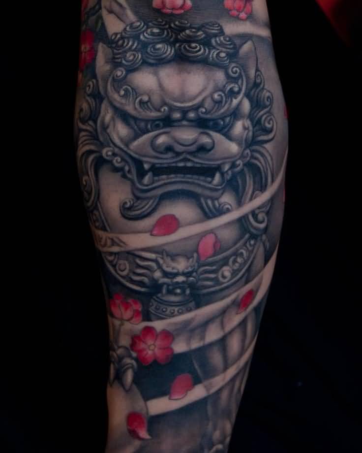 Grey Color Foo Dog With Red Flowers Tattoo