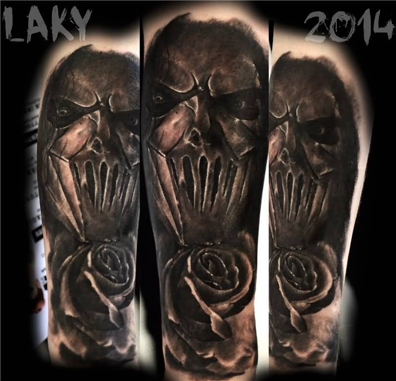 Grey Color Realistic Slipknot Member Face With Rose Tattoo
