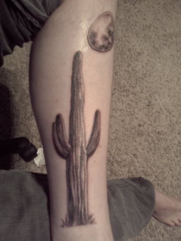 Grey Color Saguaro Cactus Tattoo On Leg