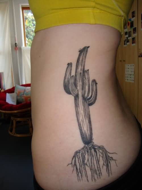 Grey Color Saguaro Tattoo On Side Rib