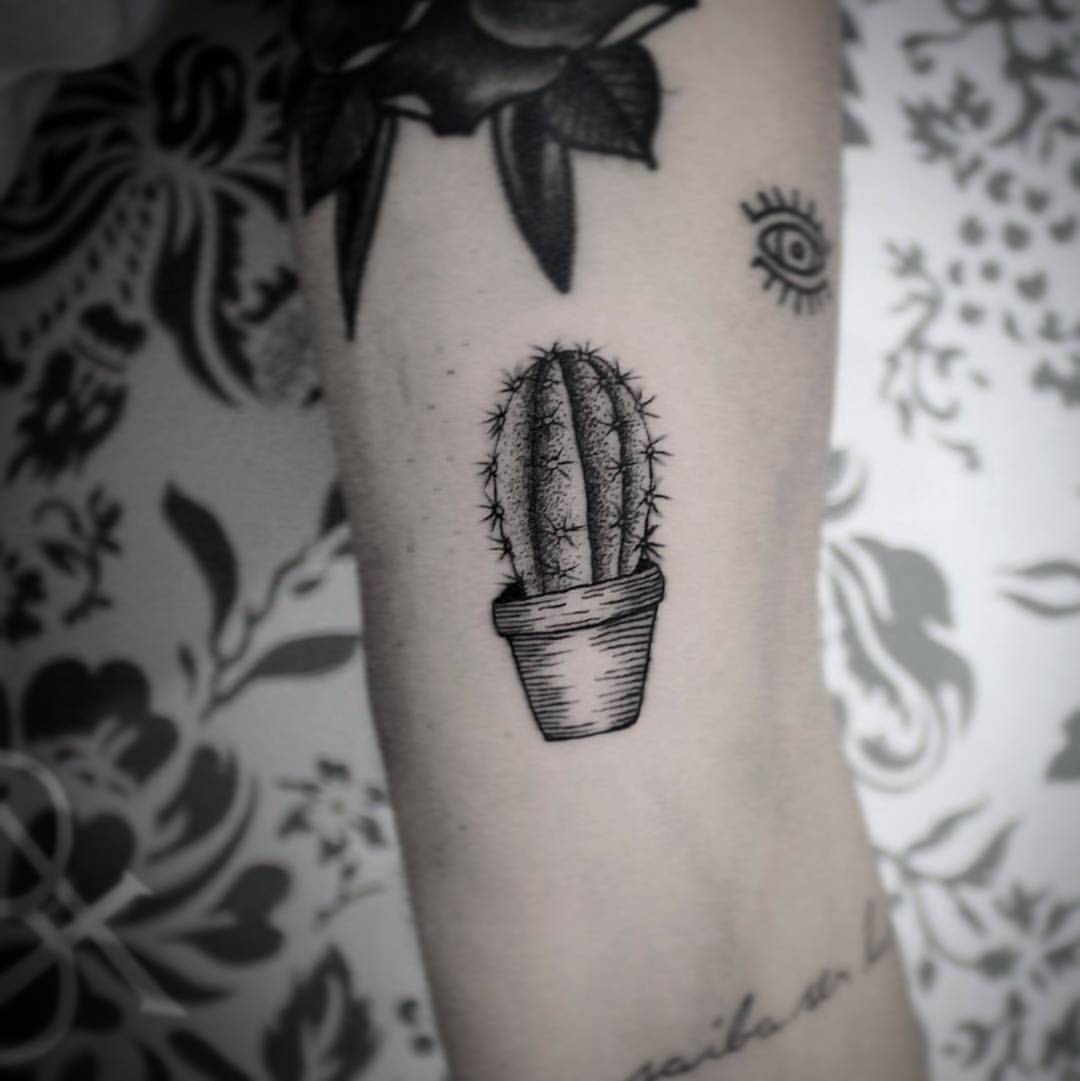 Grey Color Small Cactus Tattoo