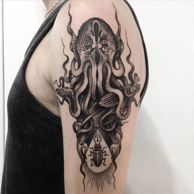 Grey Dotwork  Cthulhu Tattoo by Fede Perla Madonna