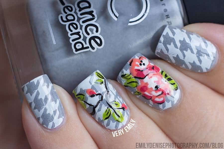 Grey Houndstooth Nail Art With Red Flowers Design Idea