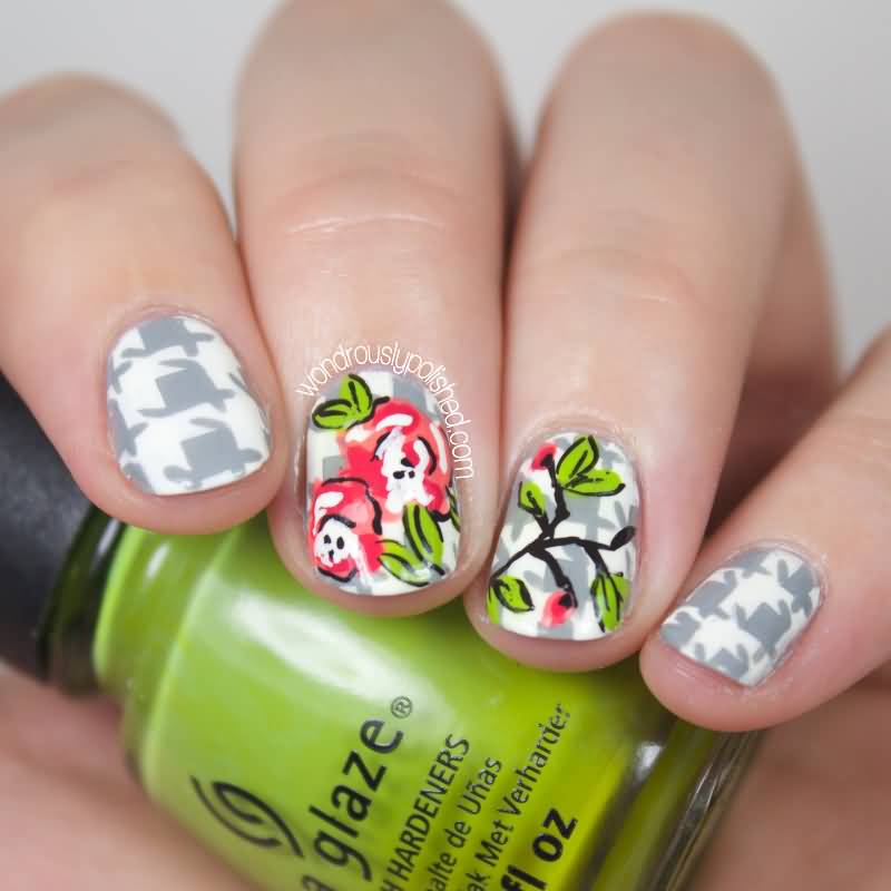 Grey Houndstooth Nail Art With Red Flowers