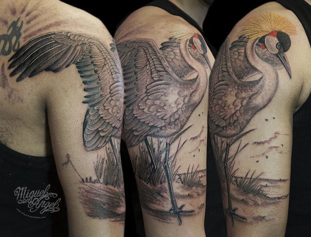 Grey Ink Crane Tattoo On Right Half Sleeve by Miguel Angel