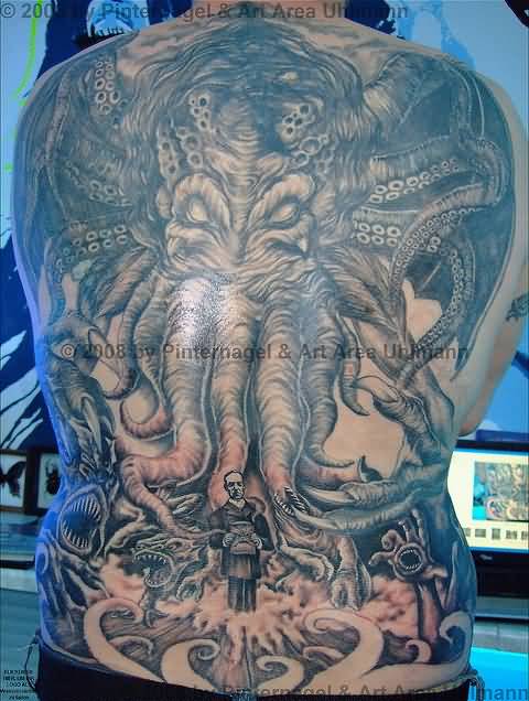Grey Ink Cthulhu Tattoo On Full Back