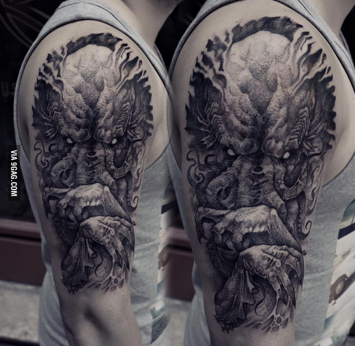 Grey Ink Cthulhu Tattoo On Half Sleeve by Robert Borbas
