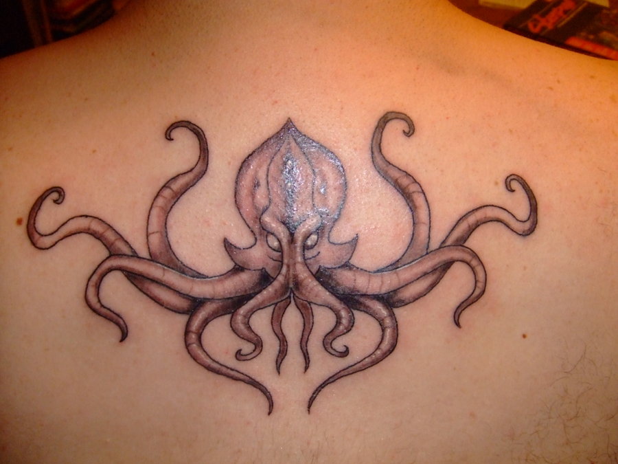 Grey Ink Cthulhu Tattoo On Upper Back