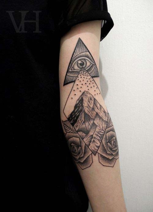 Grey Ink Eye Triangle And Rose Mountains Tattoo On Sleeve