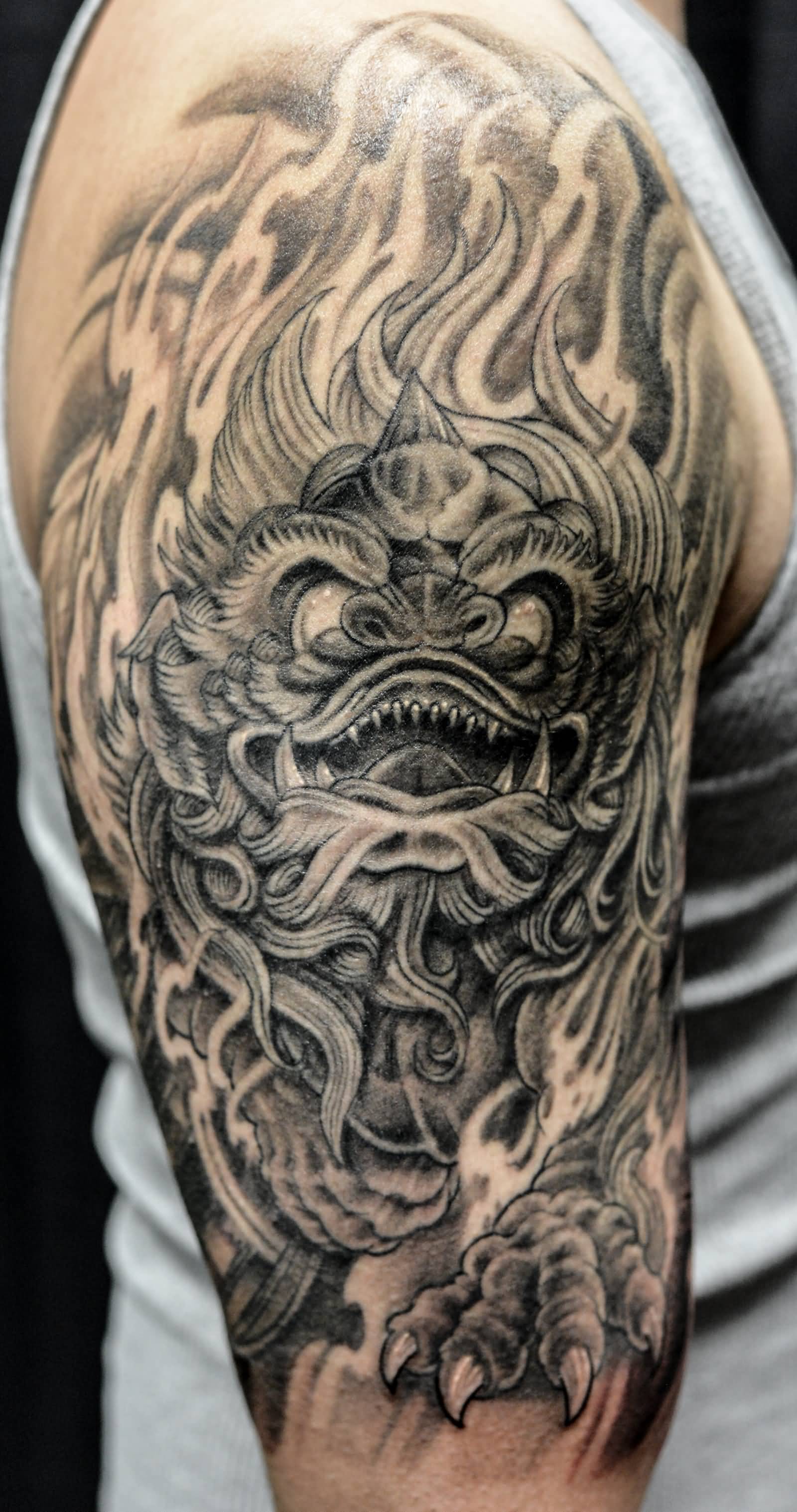 Grey Ink Foo Dog Half Sleeve Tattoo