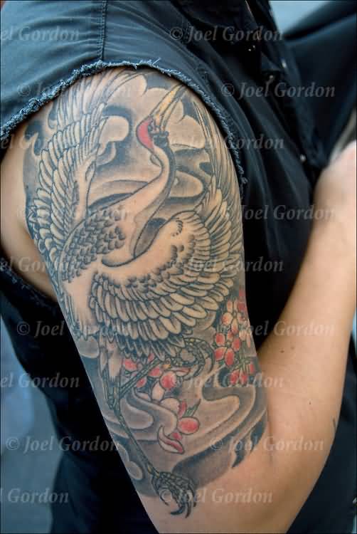 Grey Ink Japanese Crane Tattoo On Right Half sleeve