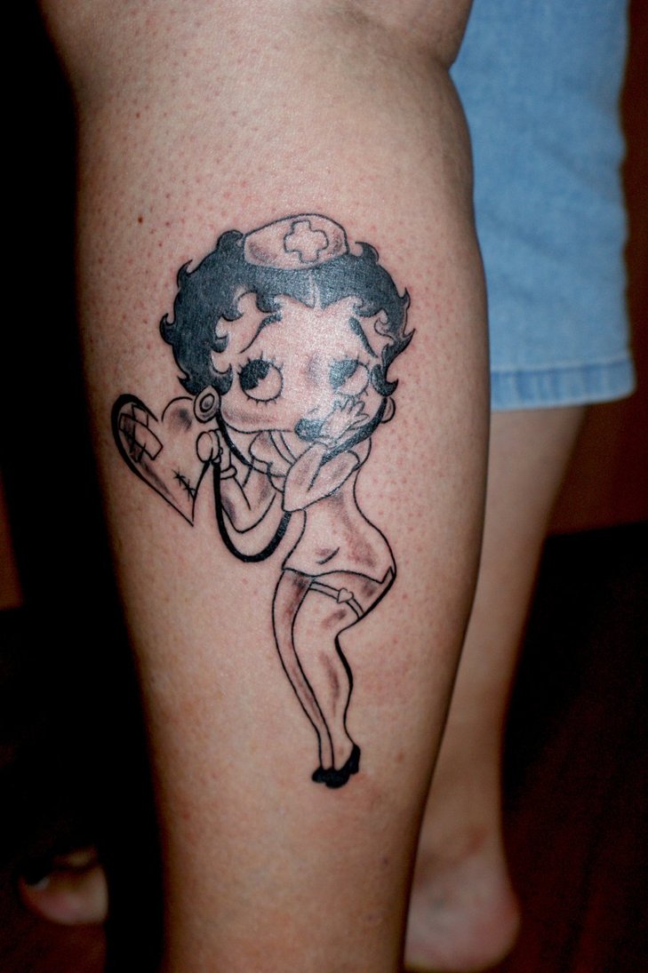 Grey Ink Nurse Betty Boop Tattoo On Side Leg