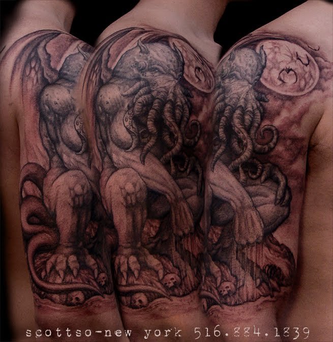 Grey ink Cthulhu Tattoo On Man Right Half Sleeve