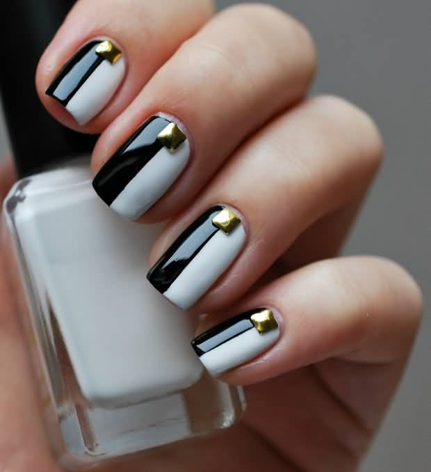 Half Black And White Nails With Gold Caviar Design
