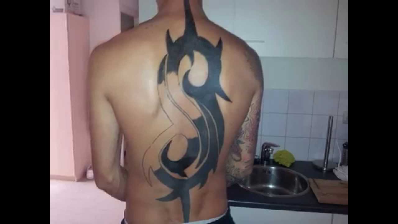 Half Black Slipknot Logo Tattoo On Full Back