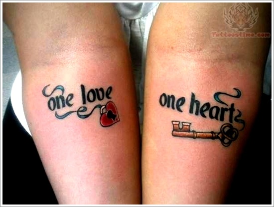 Heart Shape Lock And Key With Lettering Matching Tattoos On Both Forearms