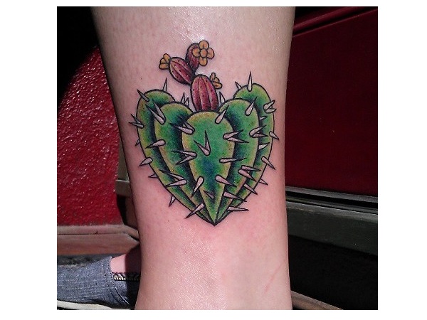 Heart Shaped Cactus Traditional Tattoo On Ankle